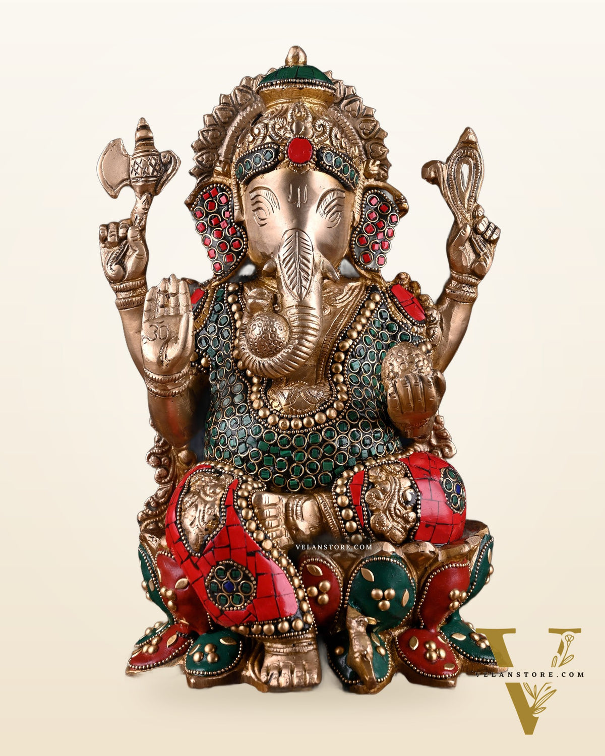 Brass Ganesha idol with trunk on right side 12 inch with stonework valampuri