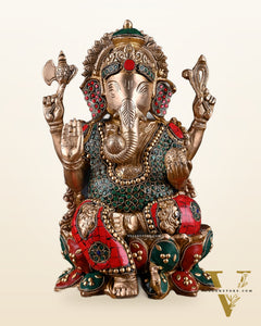 Brass Ganesha idol with trunk on right side 12 inch with stonework valampuri