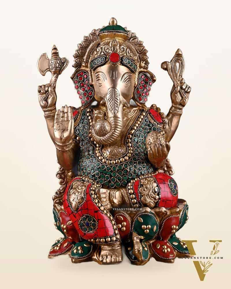 Brass Ganesha idol with trunk on right side 12 inch with stonework valampuri