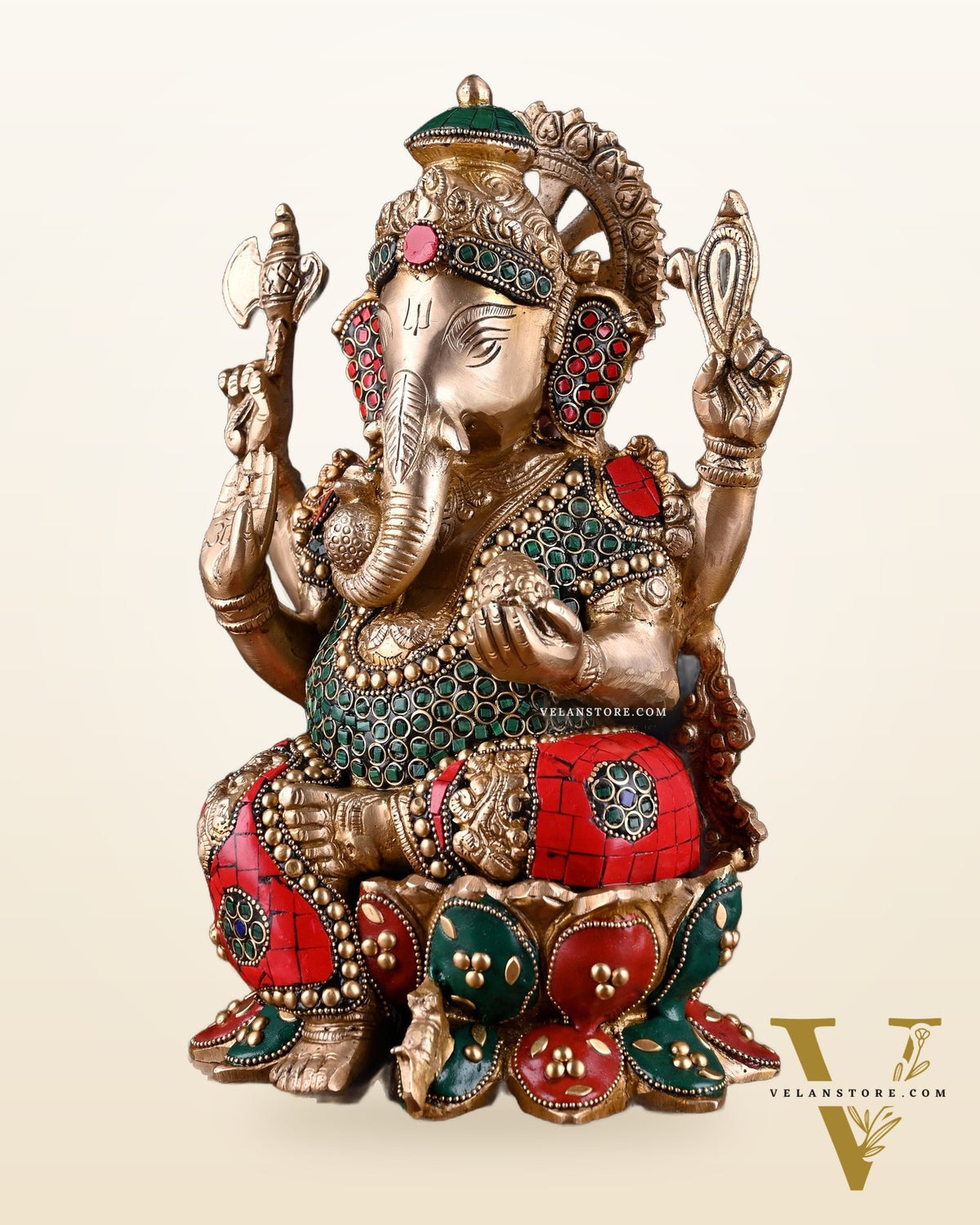 Brass Ganesha idol with trunk on right side 12 inch with stonework valampuri