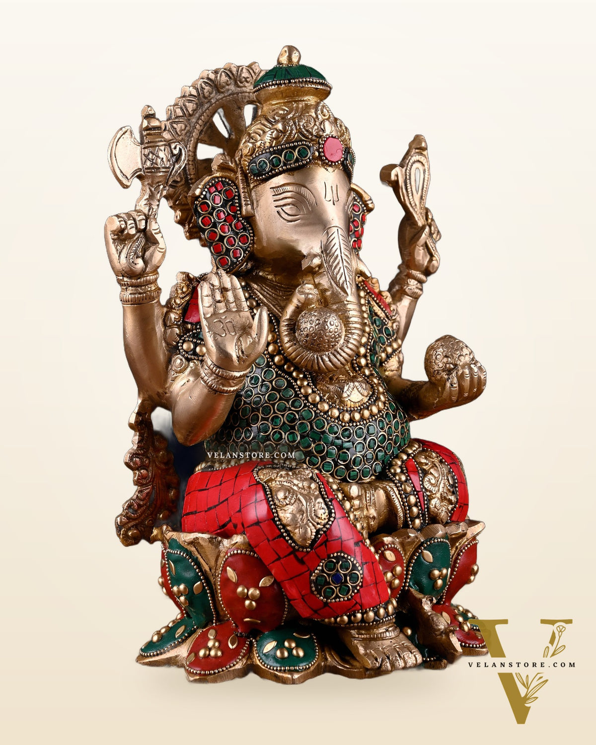 Brass Ganesha idol with trunk on right side 12 inch with stonework valampuri