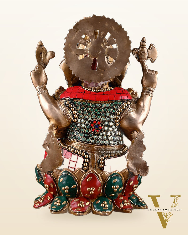 Brass Ganesha idol with trunk on right side 12 inch with stonework valampuri