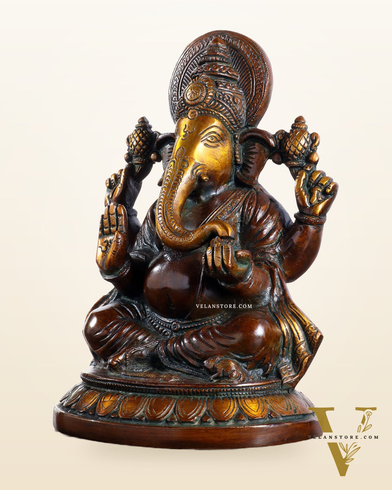 Brass Ganesha Idol with Vintage Finish – Pure Brass Handcrafted 8"