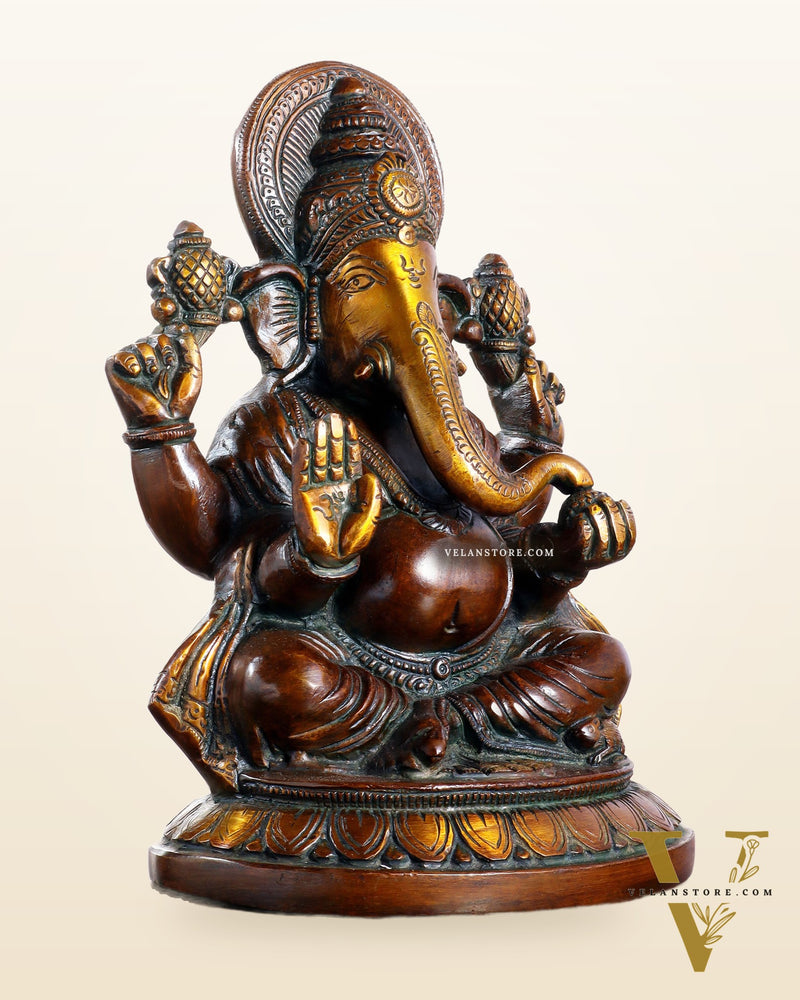 Brass Ganesha Idol with Vintage Finish – Pure Brass Handcrafted 8"