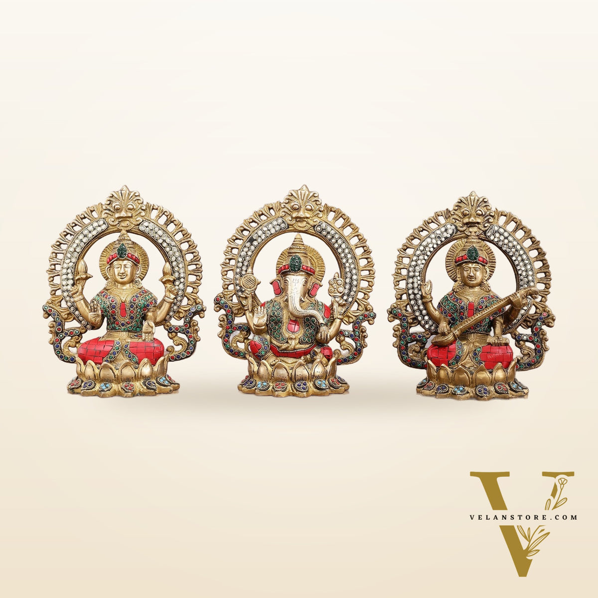 Brass Ganesha, Lakshmi, and Saraswati Idols with Meenakari Stonework 9.5"