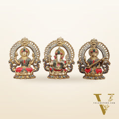 Brass Ganesha, Lakshmi, and Saraswati Idols with Meenakari Stonework 9.5"