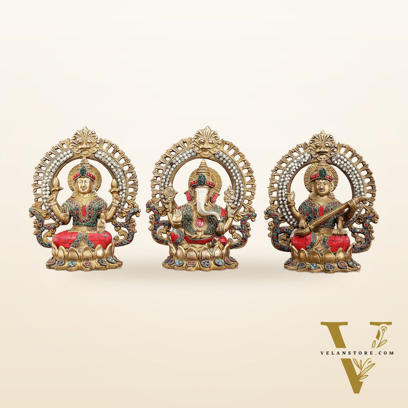 Brass Ganesha, Lakshmi, and Saraswati Idols with Meenakari Stonework 9.5"