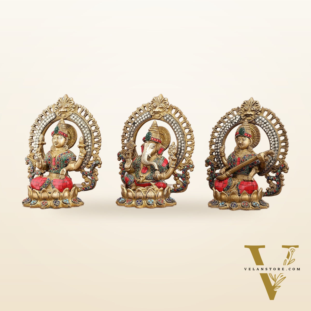 Brass Ganesha, Lakshmi, and Saraswati Idols with Meenakari Stonework 9.5"