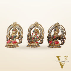 Brass Ganesha, Lakshmi, and Saraswati Idols with Meenakari Stonework 9.5"