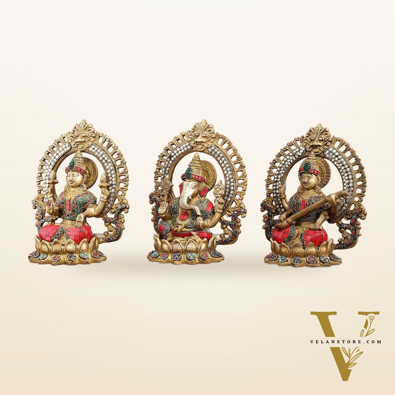 Brass Ganesha, Lakshmi, and Saraswati Idols with Meenakari Stonework 9.5"