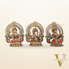 Brass Ganesha, Lakshmi, and Saraswati Idols with Meenakari Stonework 9.5"