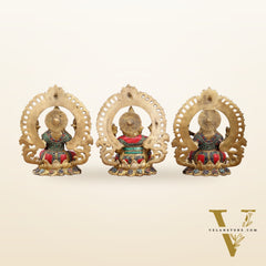 Brass Ganesha, Lakshmi, and Saraswati Idols with Meenakari Stonework 9.5"