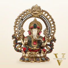 Brass Ganesha, Lakshmi, and Saraswati Idols with Meenakari Stonework 9.5"