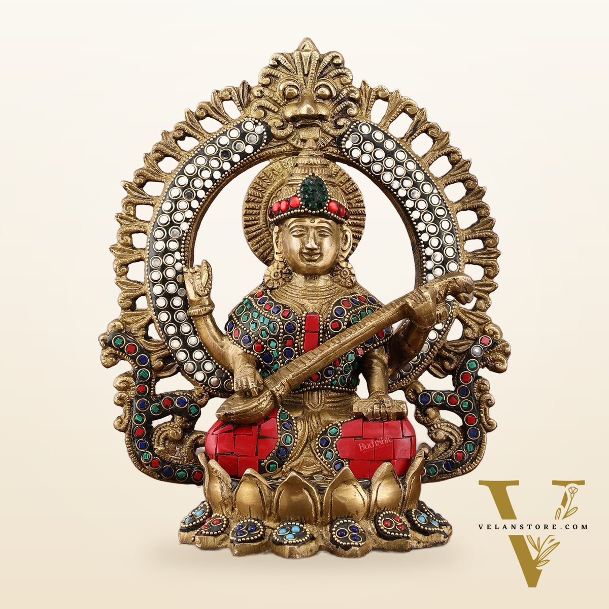 Brass Ganesha, Lakshmi, and Saraswati Idols with Meenakari Stonework 9.5"
