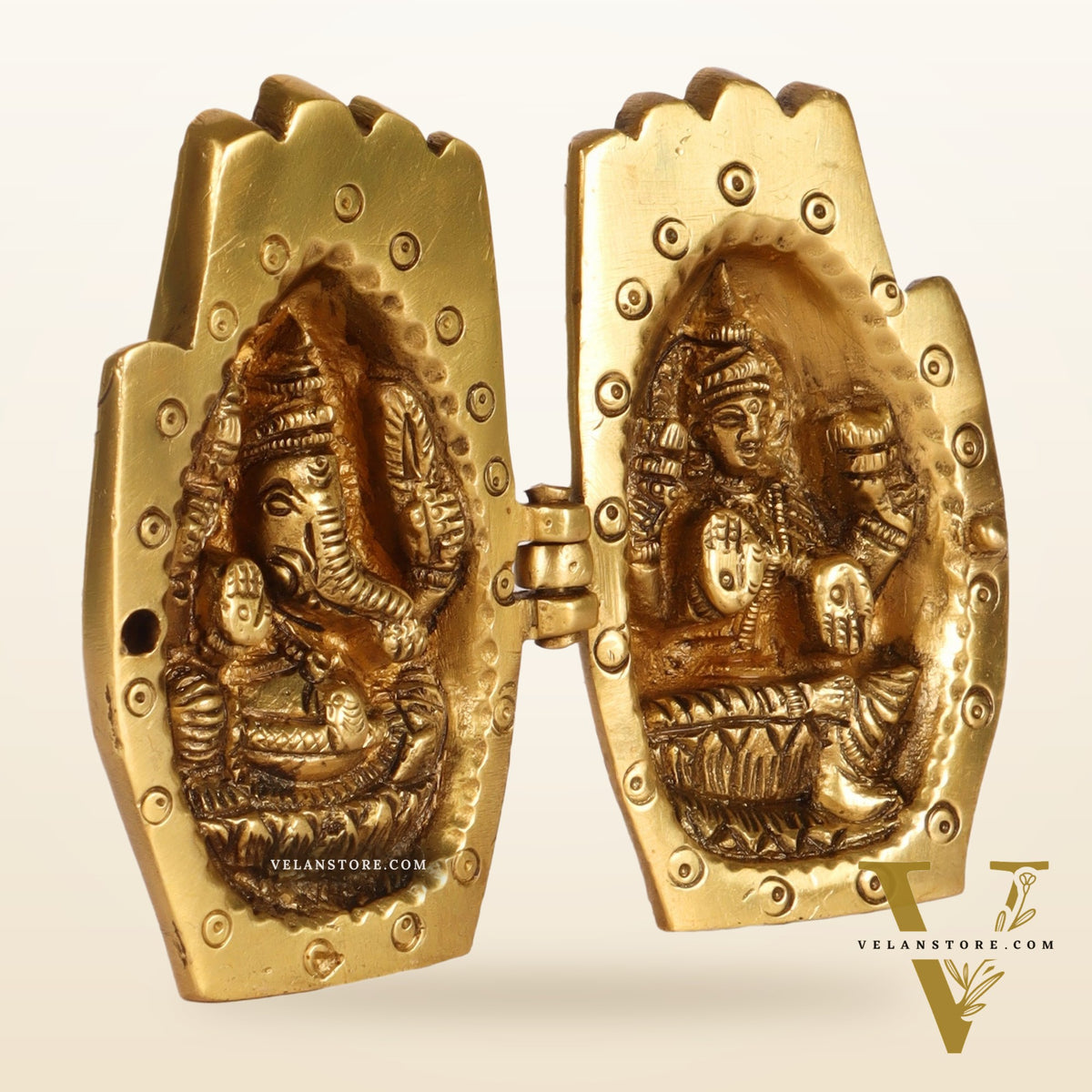 Brass Ganesha Lakshmi engraved on Foldable Namaste palm 3"
