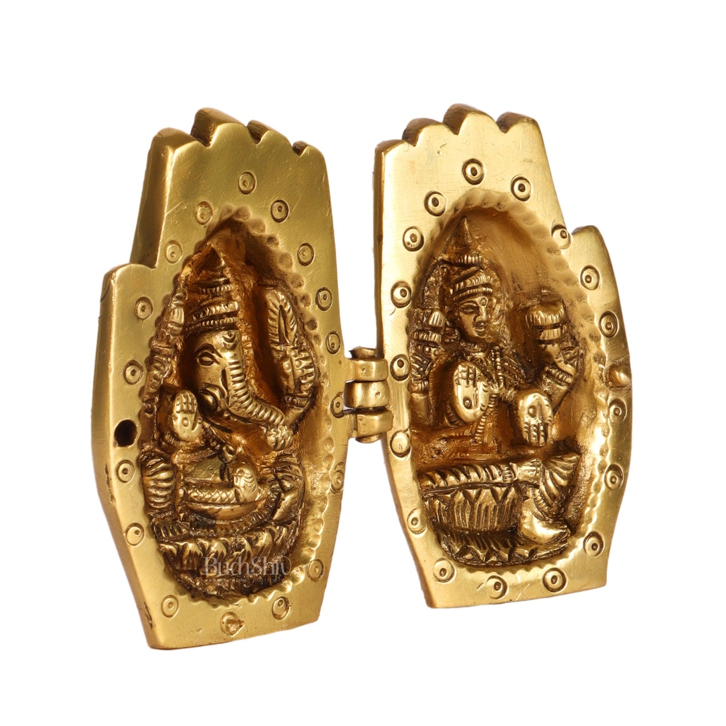 Brass Ganesha Lakshmi engraved on Foldable Namaste palm 3"
