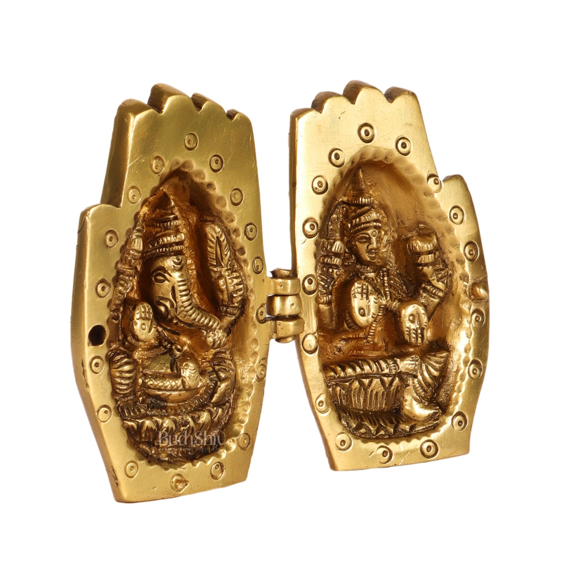 Brass Ganesha Lakshmi engraved on Foldable Namaste palm 3"