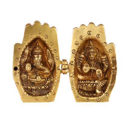 Brass Ganesha Lakshmi engraved on Foldable Namaste palm 3"