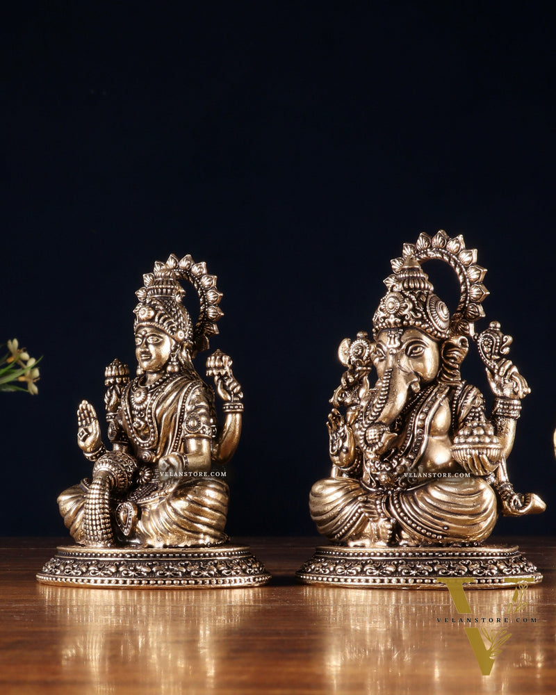 Brass Ganesha Lakshmi Idol Pair – Superfine Intricate Carving | 4.6"