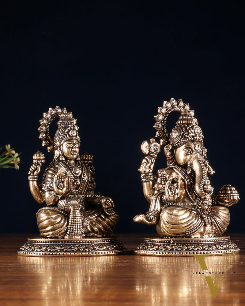 Brass Ganesha Lakshmi Idol Pair – Superfine Intricate Carving | 4.6"