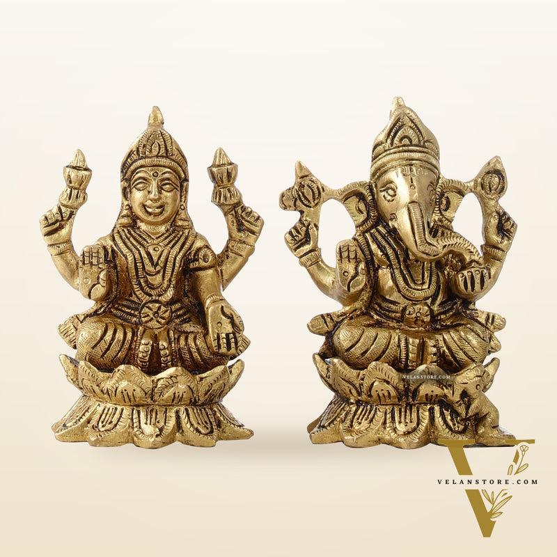 Brass Ganesha Lakshmi Idols on Lotus Superfine - 4"
