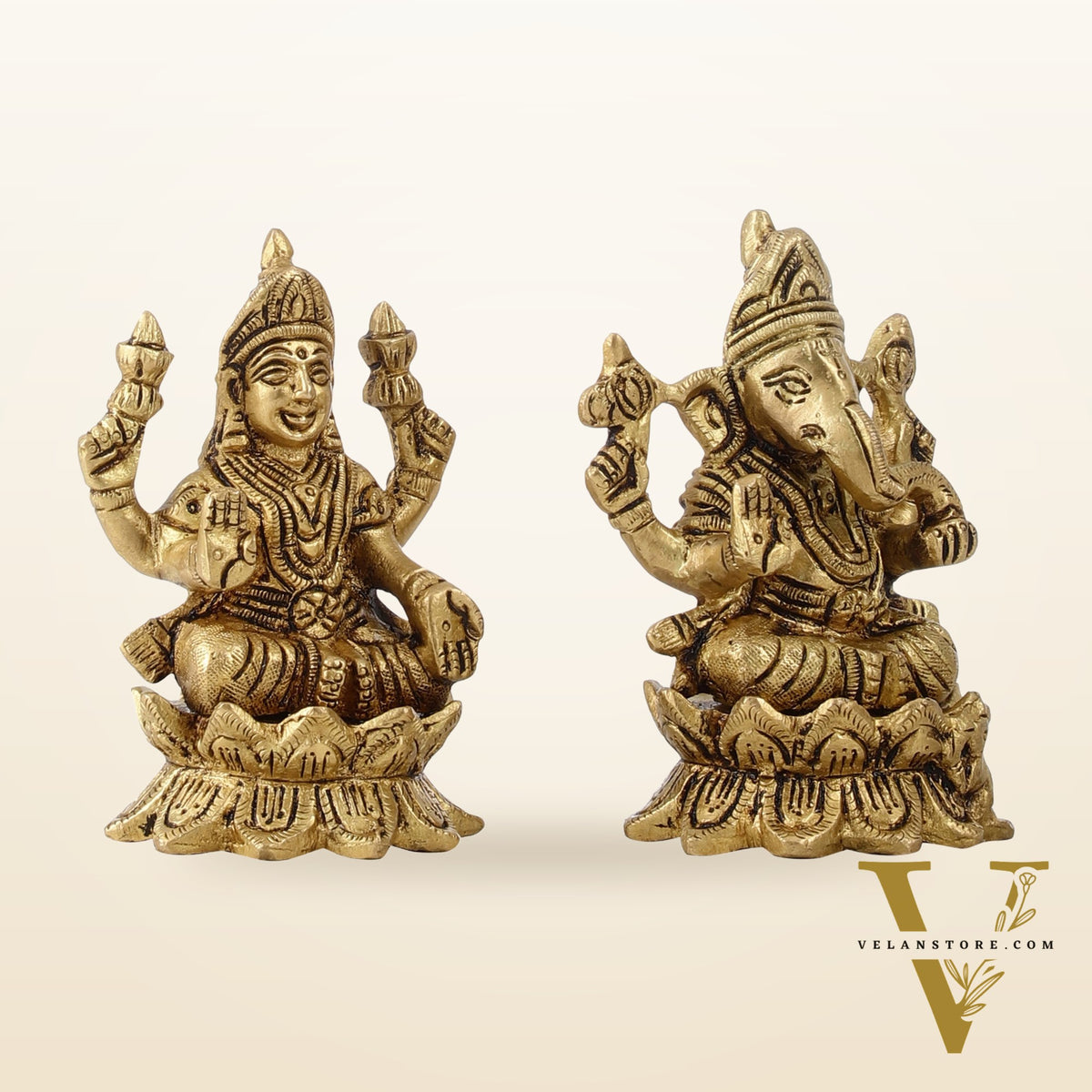 Brass Ganesha Lakshmi Idols on Lotus Superfine - 4"