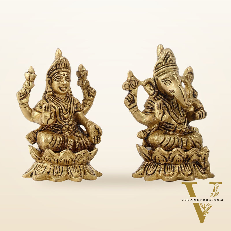 Brass Ganesha Lakshmi Idols on Lotus Superfine - 4"