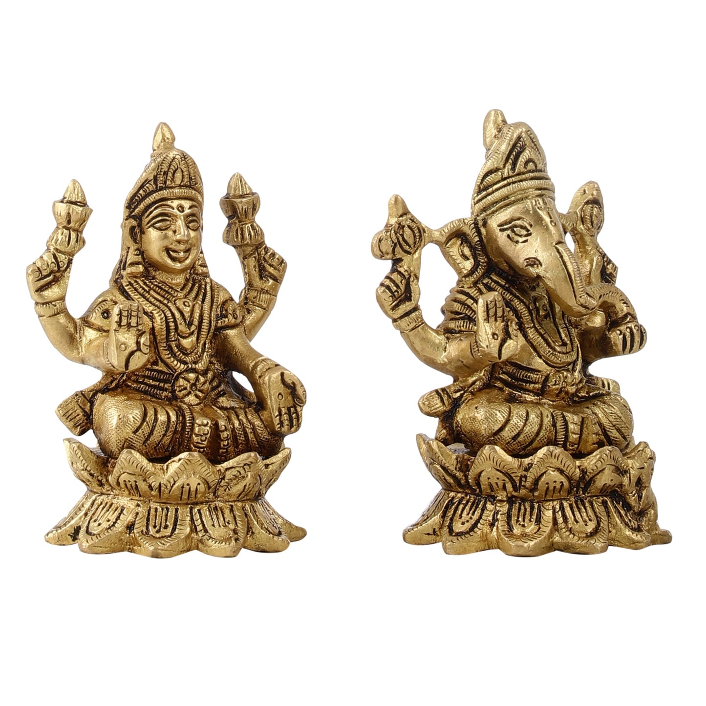 Brass Ganesha Lakshmi Idols on Lotus Superfine - 4"