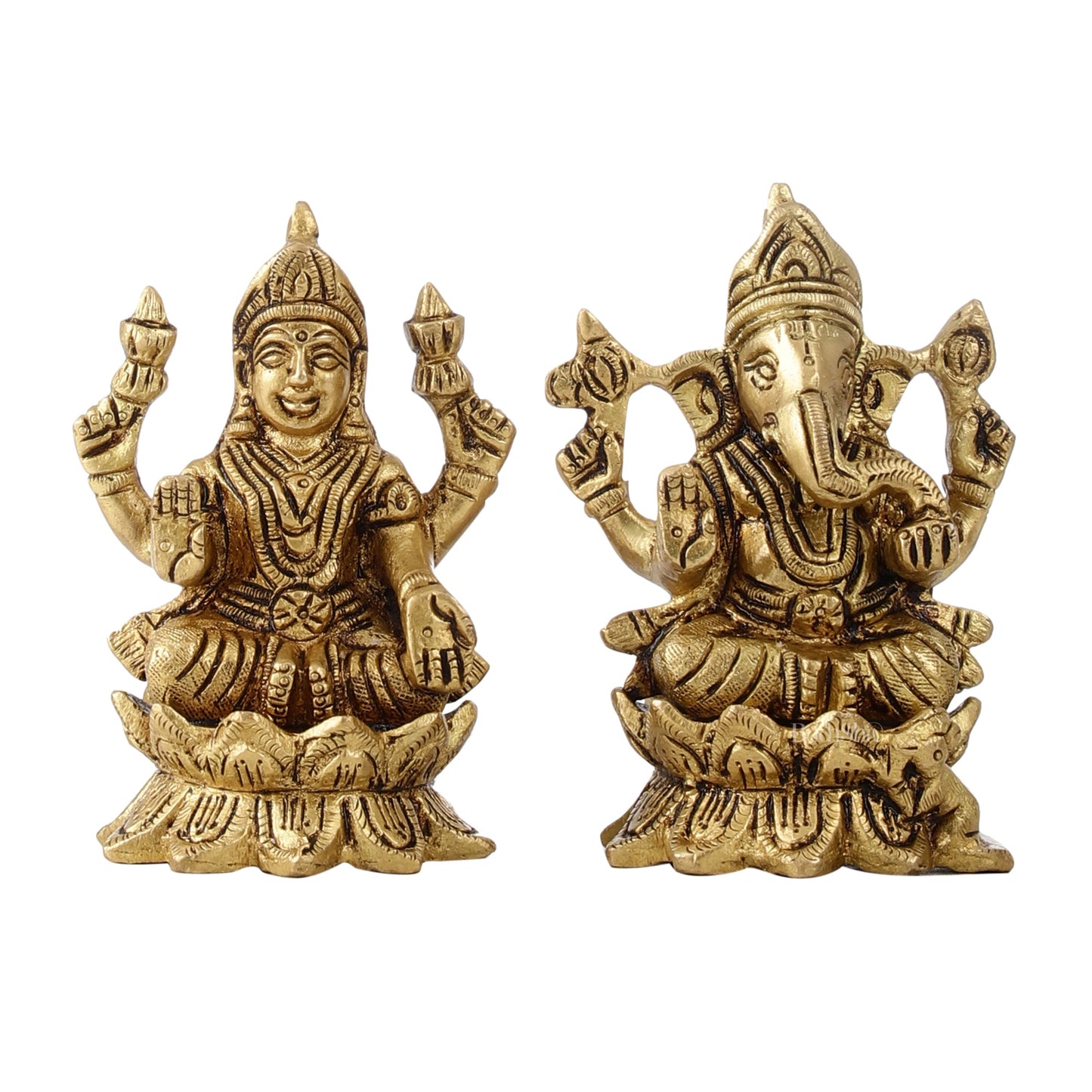 Brass Ganesha Lakshmi Idols on Lotus Superfine - 4"