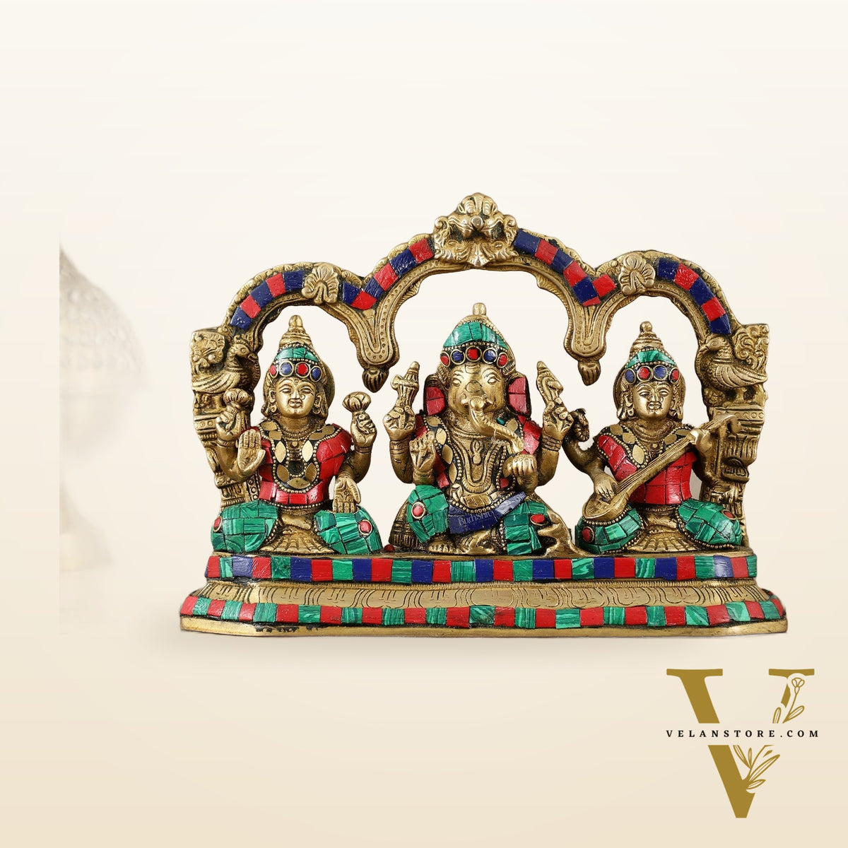 Brass Ganesha Lakshmi Saraswati Idol Set 7 inch with Meenakari Stonework