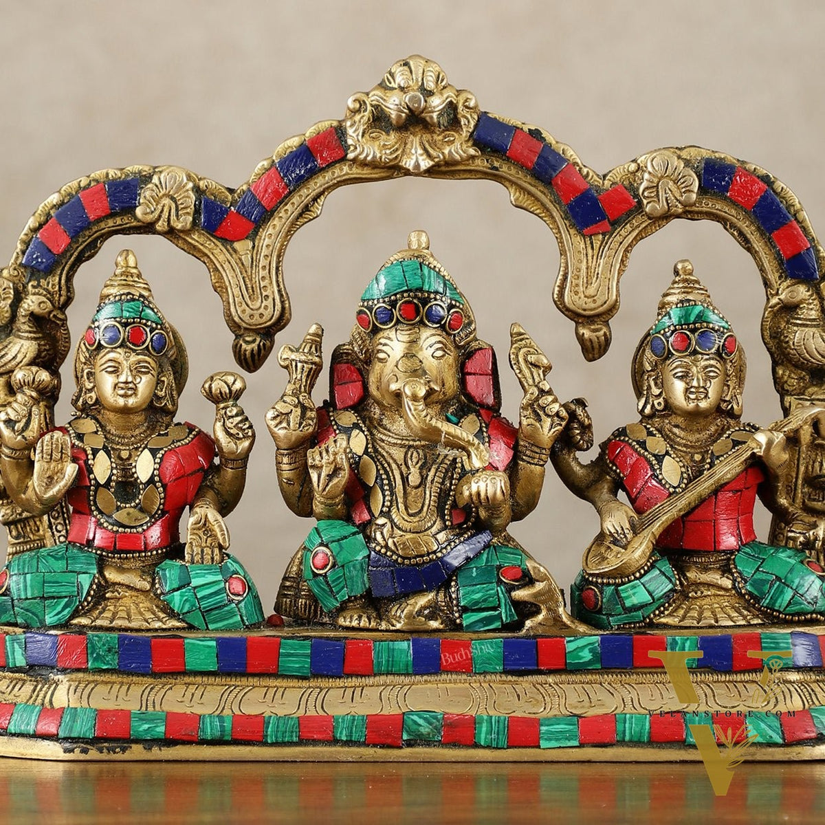 Brass Ganesha Lakshmi Saraswati Idol Set 7 inch with Meenakari Stonework