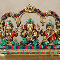 Brass Ganesha Lakshmi Saraswati Idol Set 7 inch with Meenakari Stonework