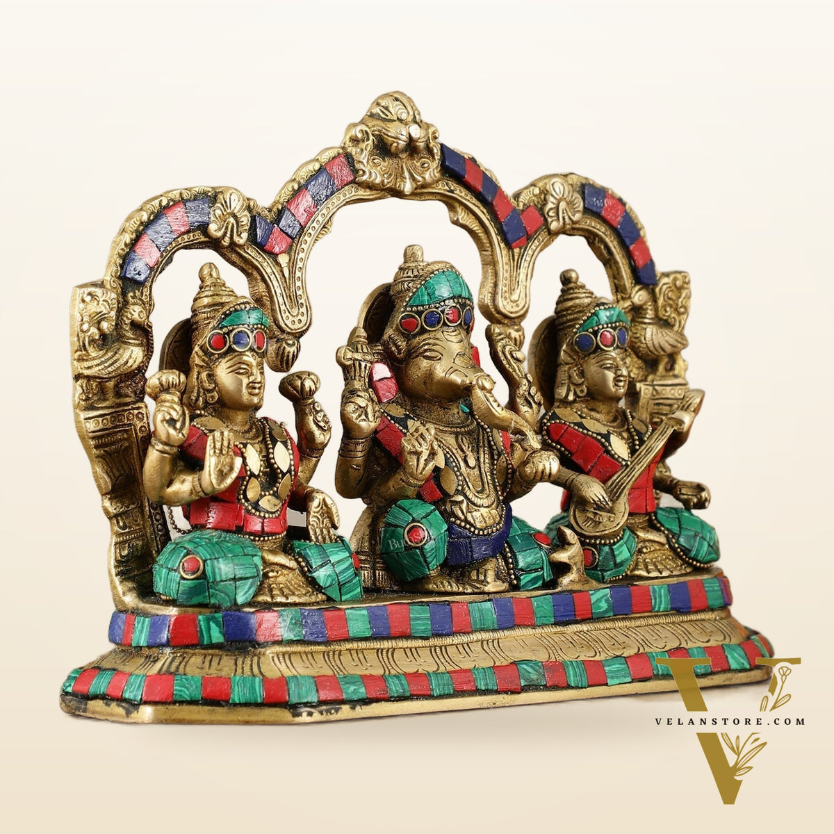 Brass Ganesha Lakshmi Saraswati Idol Set 7 inch with Meenakari Stonework