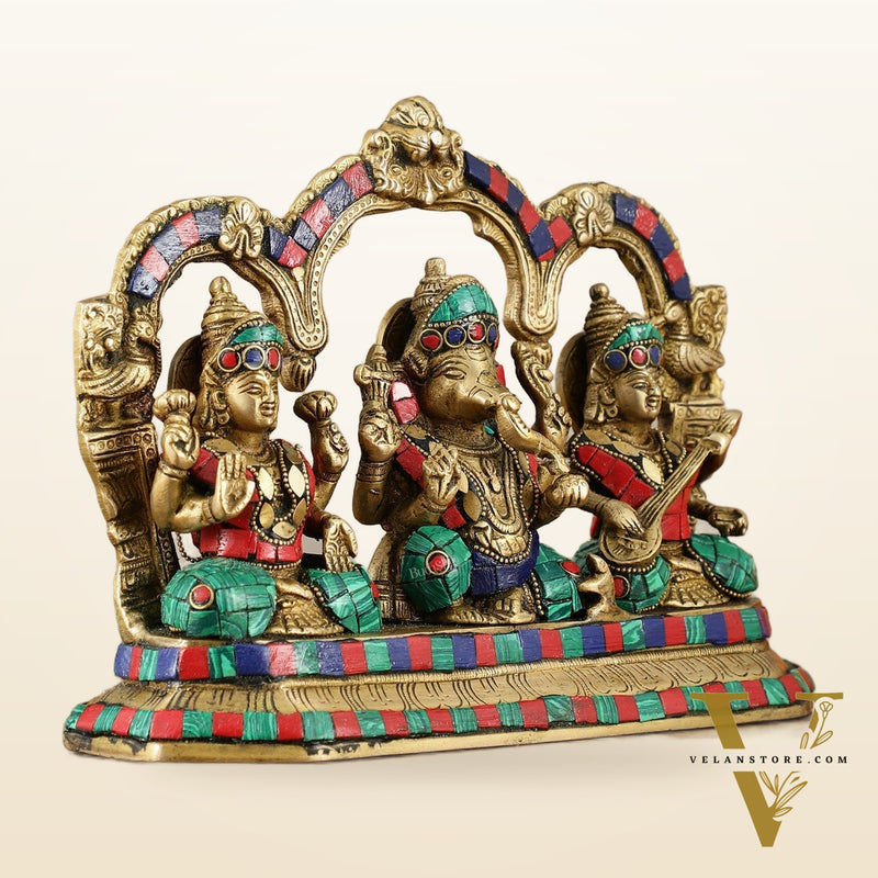 Brass Ganesha Lakshmi Saraswati Idol Set 7 inch with Meenakari Stonework