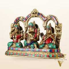 Brass Ganesha Lakshmi Saraswati Idol Set 7 inch with Meenakari Stonework