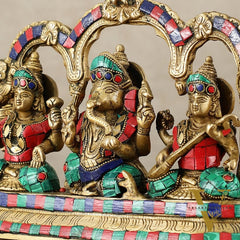 Brass Ganesha Lakshmi Saraswati Idol Set 7 inch with Meenakari Stonework