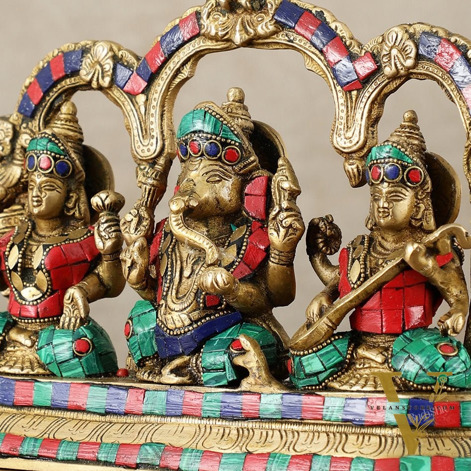 Brass Ganesha Lakshmi Saraswati Idol Set 7 inch with Meenakari Stonework