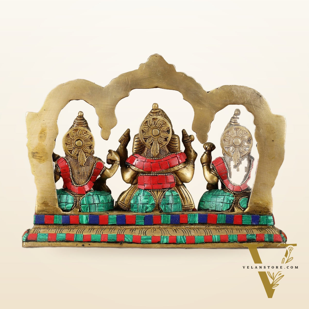 Brass Ganesha Lakshmi Saraswati Idol Set 7 inch with Meenakari Stonework