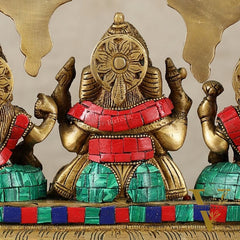 Brass Ganesha Lakshmi Saraswati Idol Set 7 inch with Meenakari Stonework