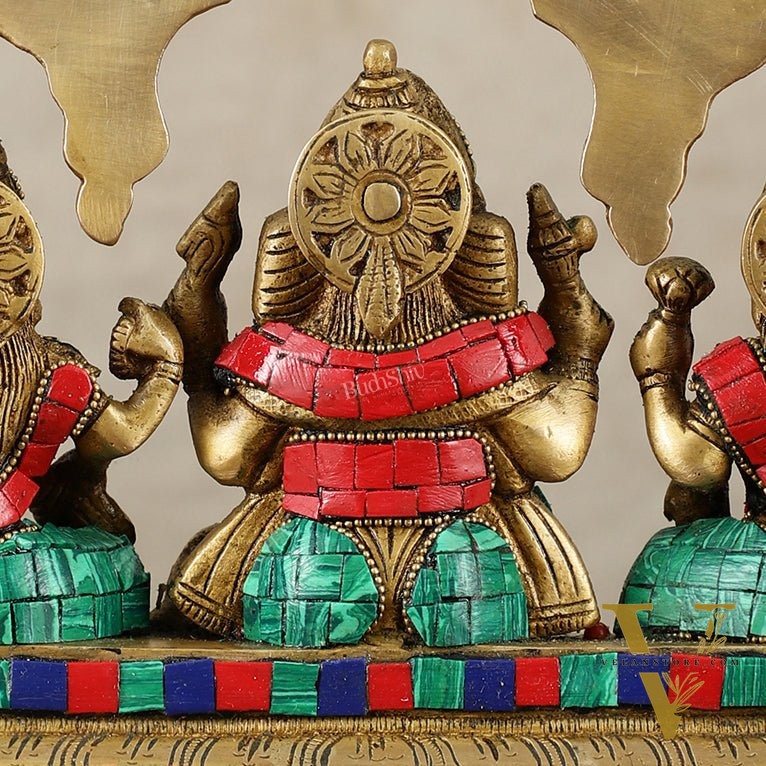 Brass Ganesha Lakshmi Saraswati Idol Set 7 inch with Meenakari Stonework