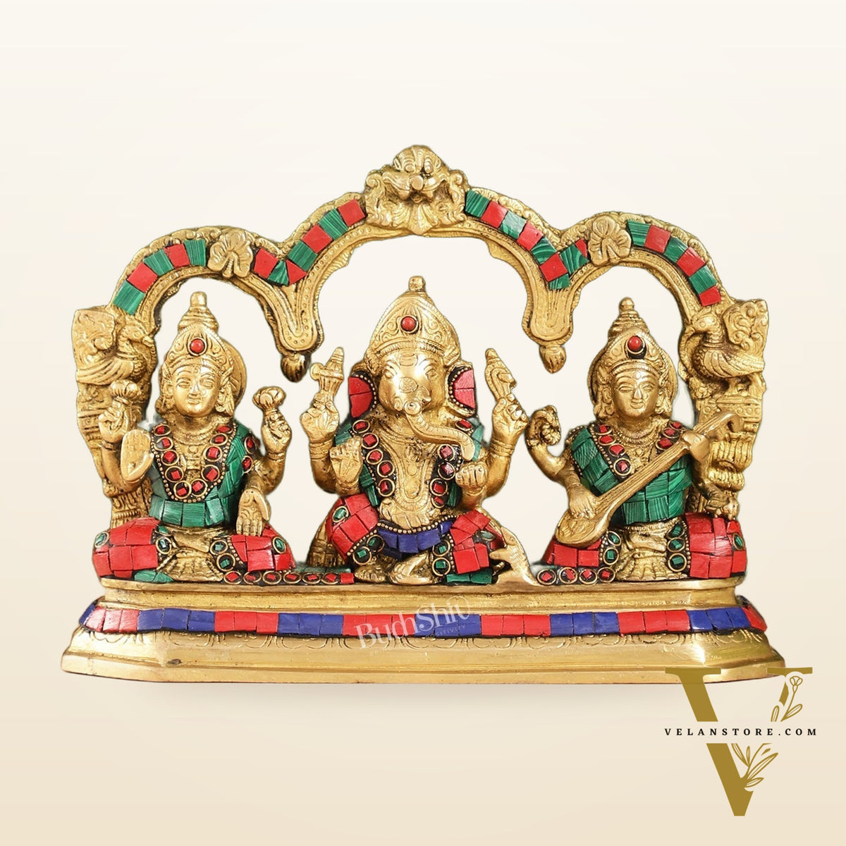 Brass Ganesha Lakshmi Saraswati Idol Set with Meenakari Stonework