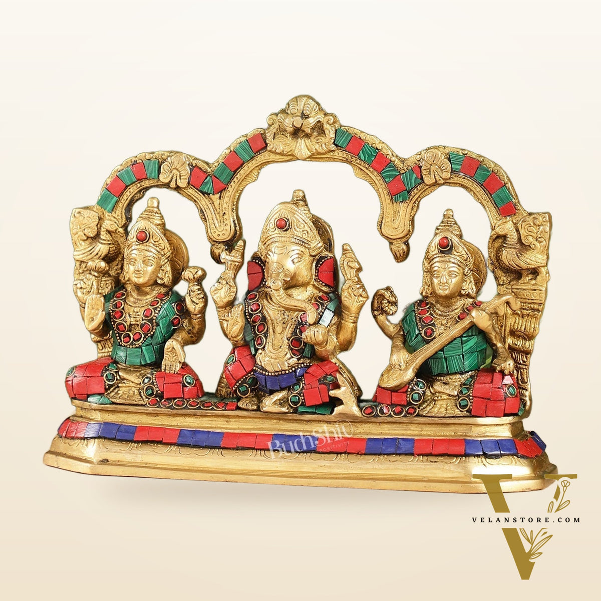 Brass Ganesha Lakshmi Saraswati Idol Set with Meenakari Stonework