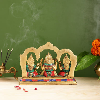 Brass Ganesha Lakshmi Saraswati Idol Set with Meenakari Stonework