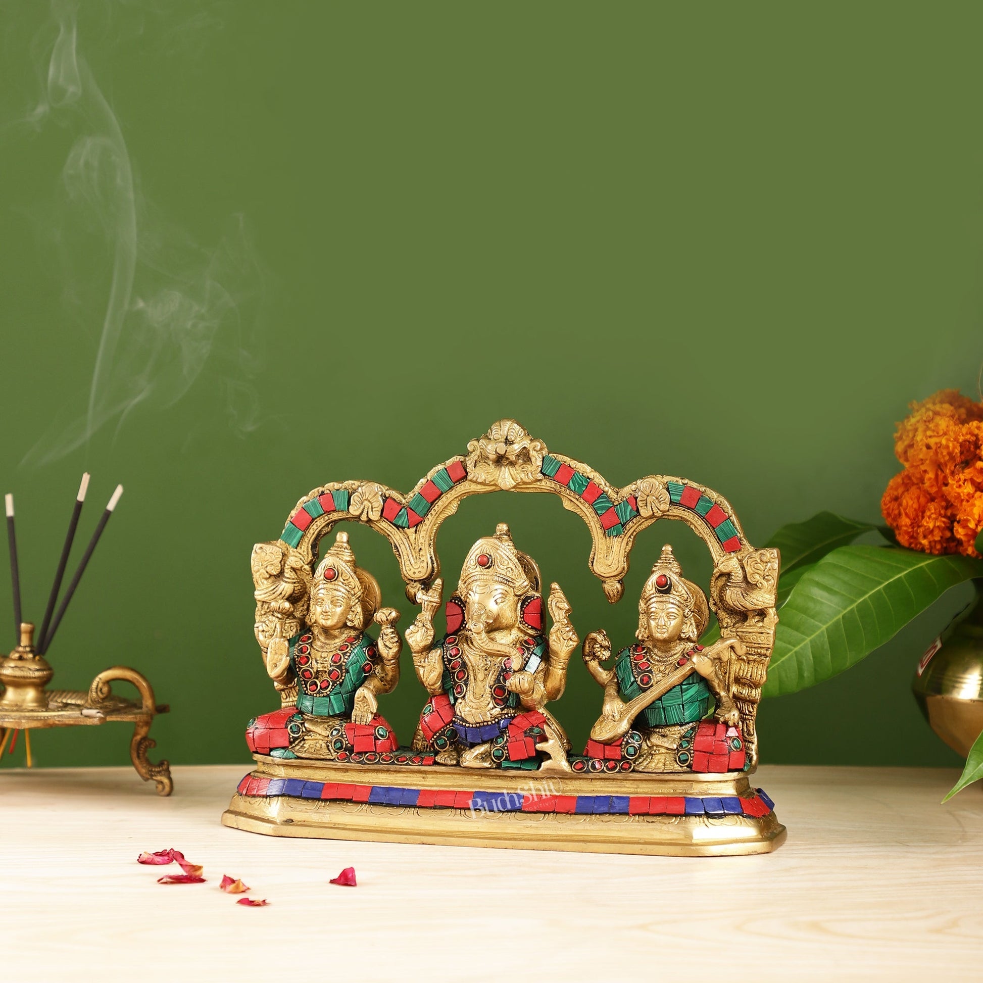 Brass Ganesha Lakshmi Saraswati Idol Set with Meenakari Stonework