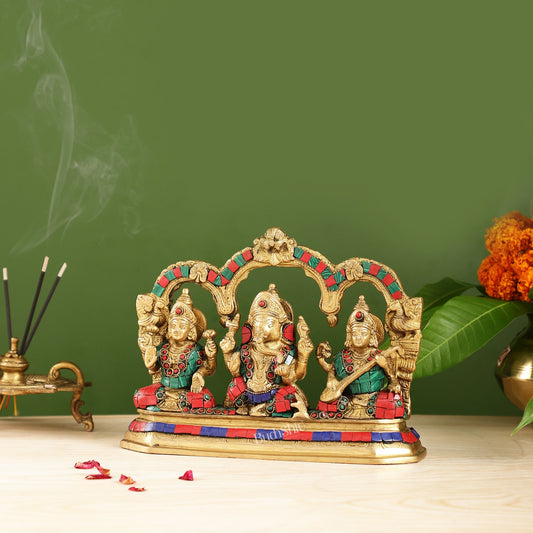 Brass Ganesha Lakshmi Saraswati Idol Set with Meenakari Stonework
