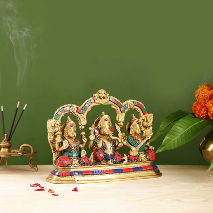 Brass Ganesha Lakshmi Saraswati Idol Set with Meenakari Stonework