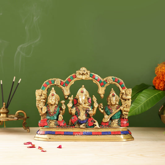 Brass Ganesha Lakshmi Saraswati Idol Set with Meenakari Stonework