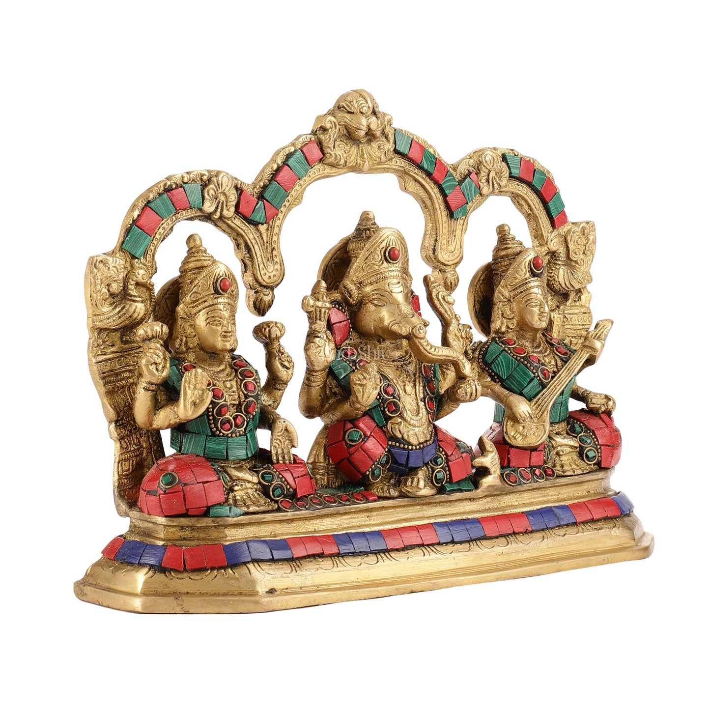 Brass Ganesha Lakshmi Saraswati Idol Set with Meenakari Stonework