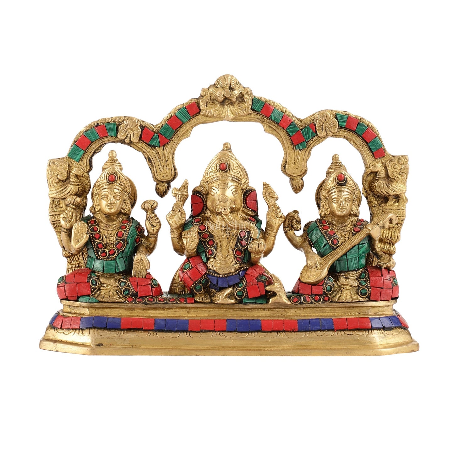 Brass Ganesha Lakshmi Saraswati Idol Set with Meenakari Stonework