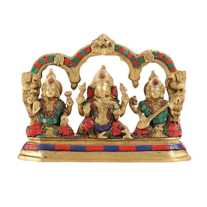 Brass Ganesha Lakshmi Saraswati Idol Set with Meenakari Stonework